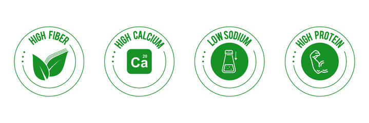 high fiber, high calcium, low sodium, high protein icon set vector illustration  - obrazy, fototapety, plakaty