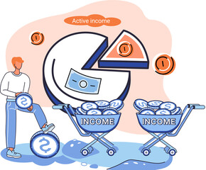 Active income obtained in course of certain activity using your knowledge and skills, getting paid for work. Works, earns salary. Idea of financial growth, business development, wages. Activity growth
