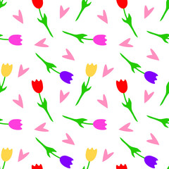 Fototapeta na wymiar Floral seamless pattern for Women's Day. Red, pink, yellow and lilac flowers tulips with pink hearts on a white background. Vector illustration