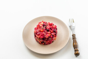 Vegetarian vinaigrette beet vegetable salad. Top view. Healthy food. Can be used as a heade or on...
