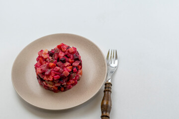 Vegetarian vinaigrette beet vegetable salad. Top view. Healthy food. Can be used as a heade or on your website.