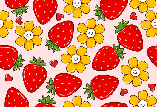 Cute funny kawaii smile face flowers and strawberry on white background seamless pattern.Vector cartoon kawaii character illustration design.
