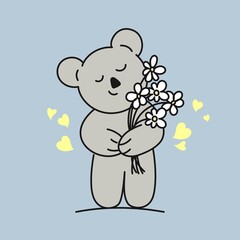 Cute Shy Koala Bear with flowers Vector Illustration. Template for t shirt, cover, poster, post card, banner, social media
