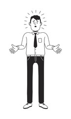 Puzzled man shrugs his shoulders and spreads his arms. Frustrated businessman. Vector line monochrome image.