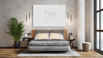 mock up poster frame in modern interior background, bedroom, Boho - Scandinavian style, 3D render, 3D illustration