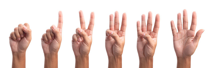 five fingers count signs isolated on white background with Clipping path included. Communication gestures concept.
