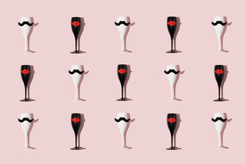 Creative pattern made of black and white wineglass with red lips and mustache on pink background. Minimal love and party concept. Celebration anniversary flat lay composition.