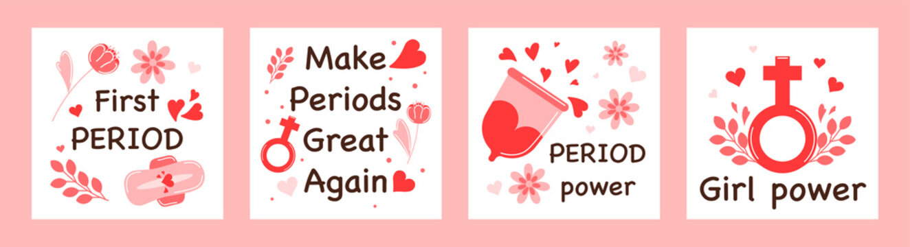Set of cards with quotes about female period with menstrual blood, panties, sanitary pad, tampon, reusable cup and flowers. Lettering compositions about menstruation. Vector illustrations.