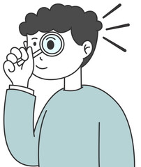 man cute looking through a magnifying glass, simple illustration
