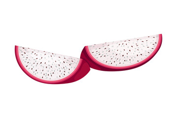 Cut Pitaya or Pitahaya Fruit of Cactus Species with White Flesh and Black, Crunchy Seed Vector Illustration