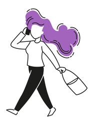 The buyer runs and talks on the phone. The girl is holding packages, bags. Big sale. Vector flat design in trendy style