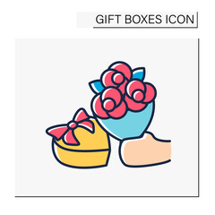 Romantic surprise color icon. Heart shaped present case and fantastic bouquet for special occasion. Romantic date. Gift box concept. Isolated vector illustration