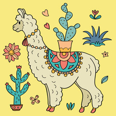 Cute Alpaca and Cacti vector illustration