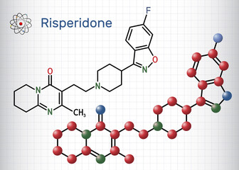 Obraz premium Risperidon molecule. It is antipsychotic medication, used to treat of schizophrenia, bipolar mania, psychosis, depression. Structural chemical formula, molecule model. Sheet of paper in a cage