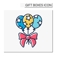 Decoration color icon. Funny balloons with ribbons for birthday parties. Surprise for celebration. Festival. Gift box concept. Isolated vector illustration