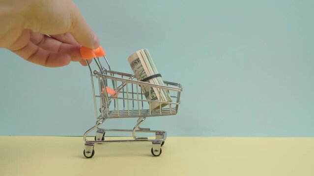 Dollars in shopping carts. Financial crisis or shopaholic concept. Copy space.
