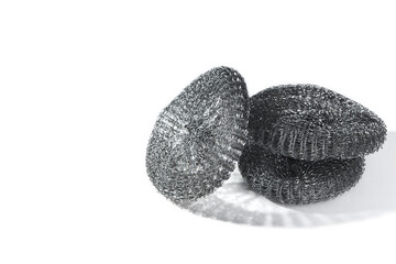 Set of stainless steel scrubbers, scouring pads (metal sponge, scrub bud) for dish washing isolated on white background