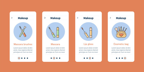 Makeup onboarding mobile app screens.Mascara brushes, lip gloss, cosmetic bag. Cosmetology steps menu. Set of UI, UX, web template with RGB color linear icons