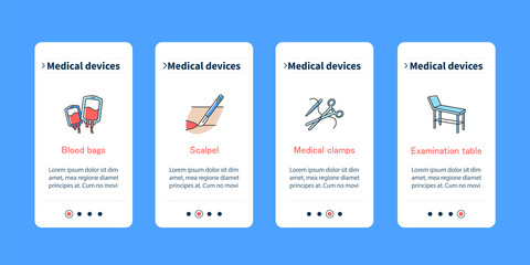 Medical devices onboarding mobile app screens. Treatment steps menu. Blood bags, scalpel, medical clamps and examination table. Set of UI, UX, web template with RGB color linear icons