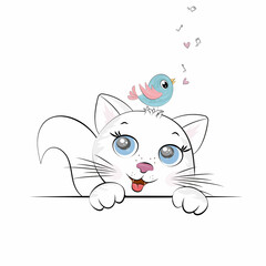 Cute Cartoon white kitten and bird on a white background