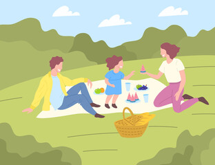 Cartoon Color Characters People Family with Kid on Summer Picnic Concept Flat Design Style. Vector illustration