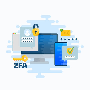 Two factor autentication security illustration. Login confirmation notification with password code envelope message. Smartphone, mobile phone and computer app account shield lock icons Isolated