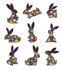 Black Easter Rabbit with Flowers and Floral Decoration Inside Vector Set