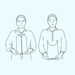 Man holding water bottle and paper bag and deliver goods to customers. hand drawn style vector design illustrations.