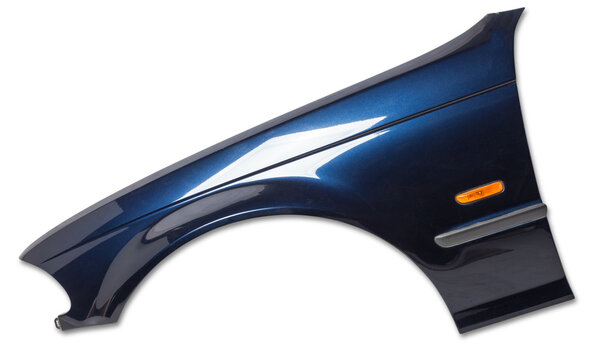 Blue metall fender on a white isolated background in a photo studio for sale or replacement in a car service. Mudguard on auto-parsing for repair or a device to protect the body from dirt.