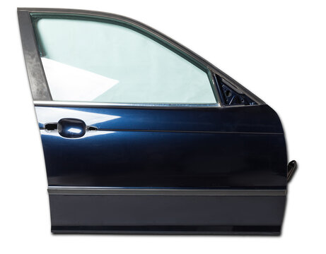 Car body element rear door in blue color on a white isolated background with space for text. Body repair and car service of vehicles.