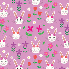 Cute bunny with flowers seamless pattern on purple background. Great for kids textile , wallpaper and easter greeting cards 