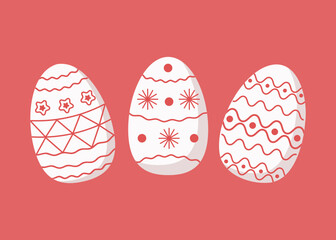 Set of painted eggs with drawings, red ornaments. Festive decor. Vector illustration.
