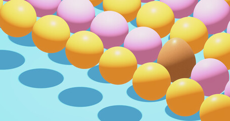 Render with bright background with egg with yellow and pink balloons on blue