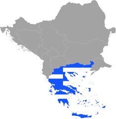 Map of Greece with national flag within the gray map of Balkan peninsula