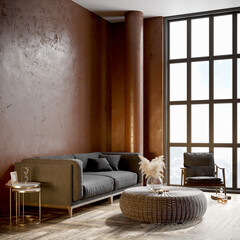 Modern interior of a stylish room with beautiful furniture. 3D renderer