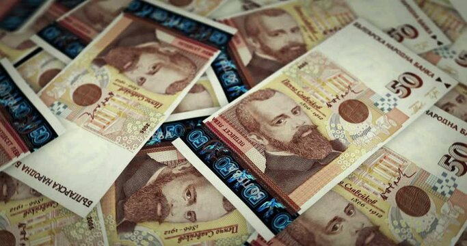 Bulgaria Leva growing pile of money. BGN banknotes loop rotaring. Seamless and looped background concept of finance, economy crisis, inflation and business.