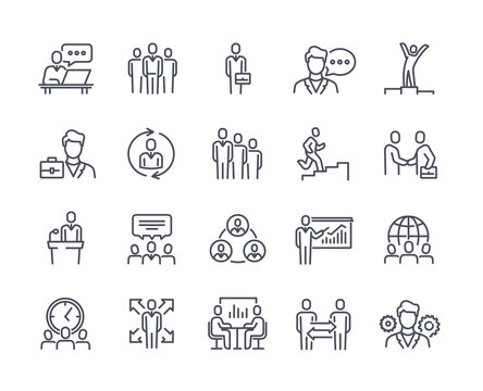 Set of Line Icons Related to Business People. Simple stickers with entrepreneurs, employees, teamwork, time management and partnership. Cartoon flat vector collection isolated on white background