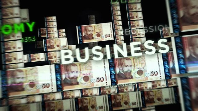 Bulgaria Leva money loop 3d animation. Camera flying between BGN banknotes. Finance, economy, crisis, business success, recession, debt and tax seamless looped concept.