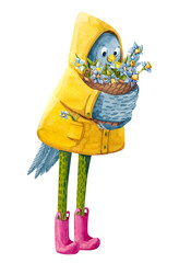 Cute little chicken with a basket of daffodils wears yellow raincoat and pink boots. The bouquet of narcissus for easter holiday. Funny bird character.