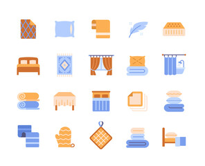 Set of colorful icons related to home textiles. Bright stickers with towel, plaid, tulle, cloth, curtain and sheets. Design element for web. Cartoon flat vector collection isolated on white background