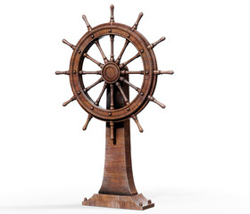 The boat steering wheel is surrounded by Pirate ship, card chest, cannon and compass on the beach.-3d rendering.