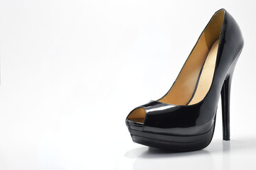Zapato negro de tacón alto para mujer. Calzado formal, para fiesta o trabajo sobre un fondo blanco. Espacio para texto al lado izquierdo.