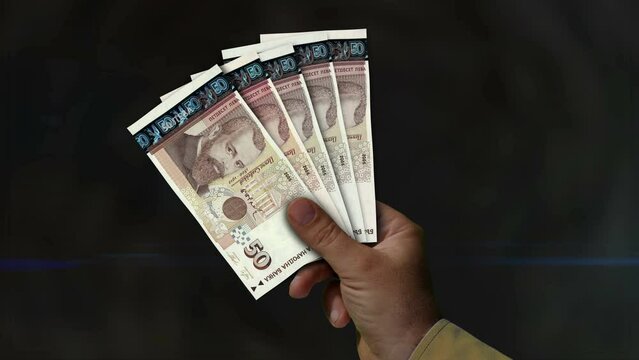 Bulgaria Leva money holding. Fan of banknotes in hand. BGN paper cash. Concept of income, success, business, tax, economy and finance.
