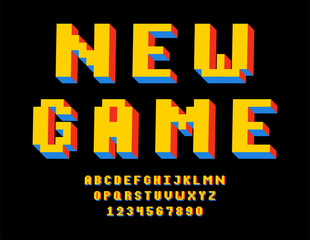 3d pixel retro font. Pixelated alphabet in 8-bit games style. Isometric pixel uppercase letters and numbers. Vector illustration.