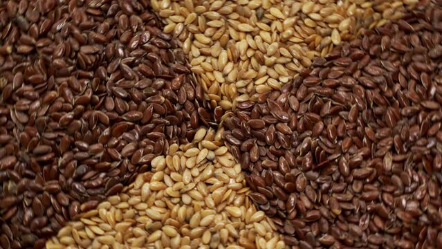 Golden and brown flaxseed texture background. Close-up view of linseed table spin.