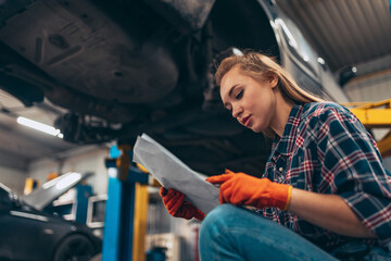 Portrait of beautiful young red-headed girl, auto mechanic at auto service station using different...