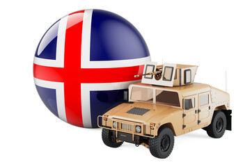 Military truck with Icelandic flag. Combat defense of Iceland, concept. 3D rendering