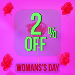 2 percent off discount green numbers 3D rose background womans international day