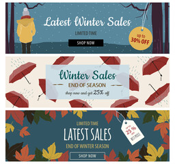 Set of horizontal banners for end of winter season sales. Multicolored with rainy umbrella pattern, forest landscapes, winter leafs patterns. With price tags, shop now button and offers text. Vector. 