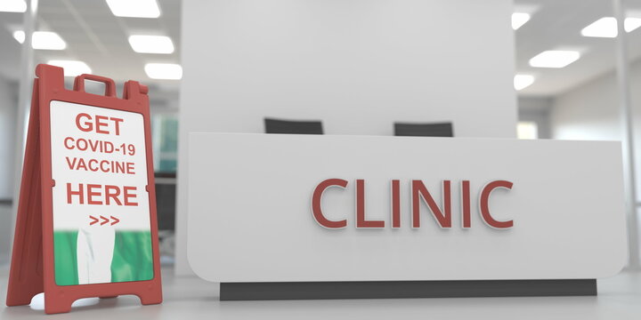 Flag of Nigeria on a COVID-19 vaccination centre signboard, 3D rendering